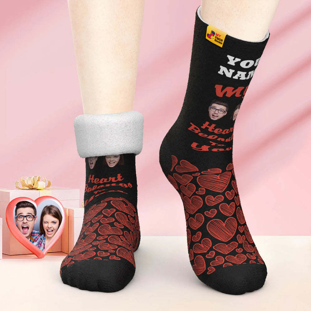 Chaussettes Photo Épaisses Personnalisées Cadeau Saint Valentin Chaussettes Chaudes Mon Cœur Vous Appartient Chaussettes Visage - VisageChaussettes