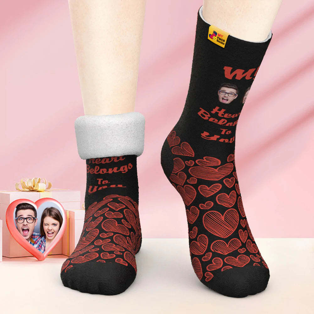 Chaussettes Photo Épaisses Personnalisées Cadeau Saint Valentin Chaussettes Chaudes Mon Cœur Vous Appartient Chaussettes Visage - VisageChaussettes