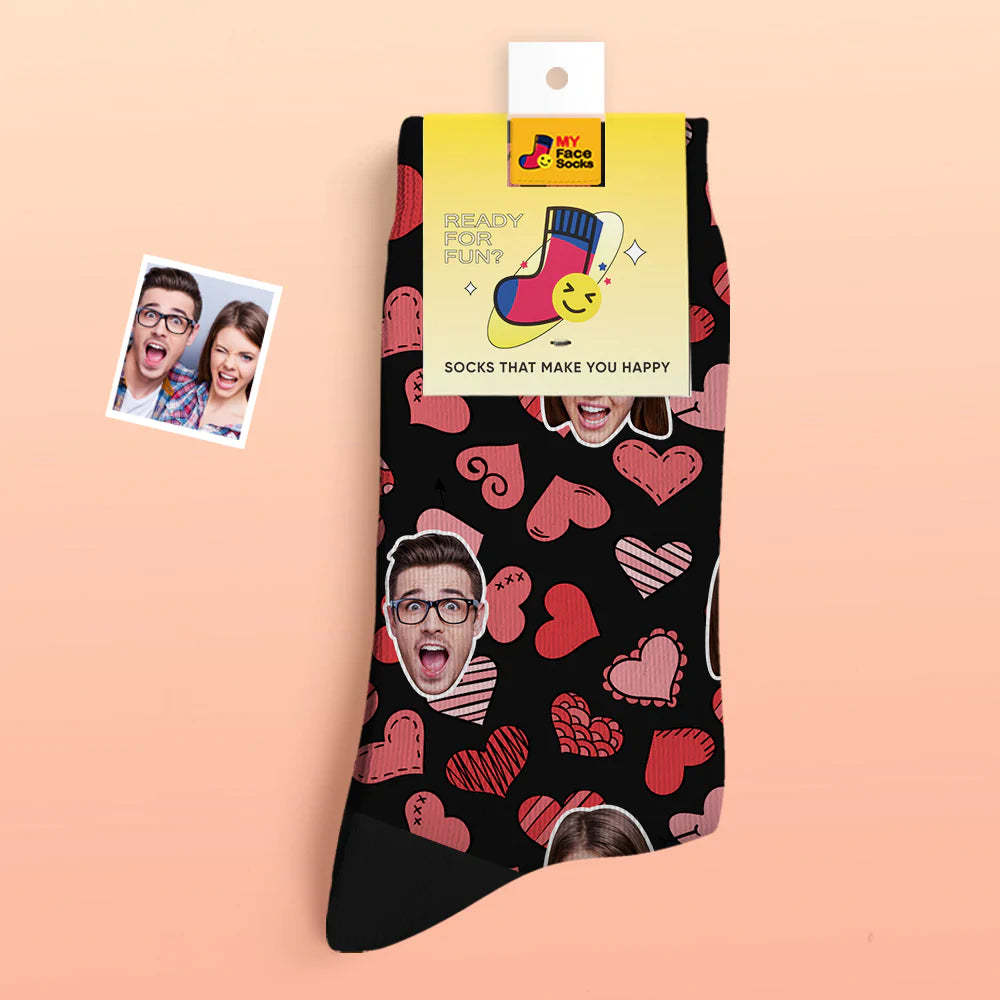 Chaussettes Photo Épaisses Personnalisées Cadeau Saint Valentin Chaussettes Chaudes Chaussettes Visage Divers Coeurs - VisageChaussettes