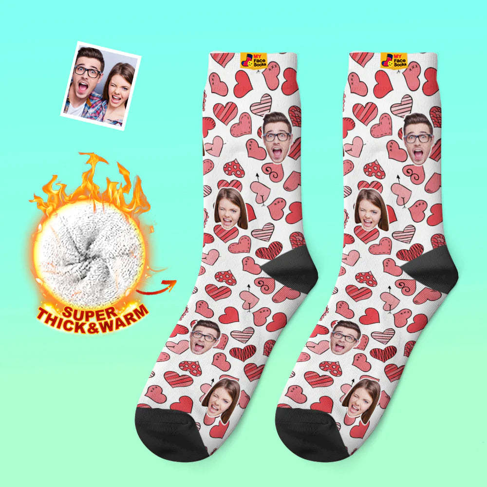 Chaussettes Photo Épaisses Personnalisées Cadeau Saint Valentin Chaussettes Chaudes Chaussettes Visage Divers Coeurs - VisageChaussettes