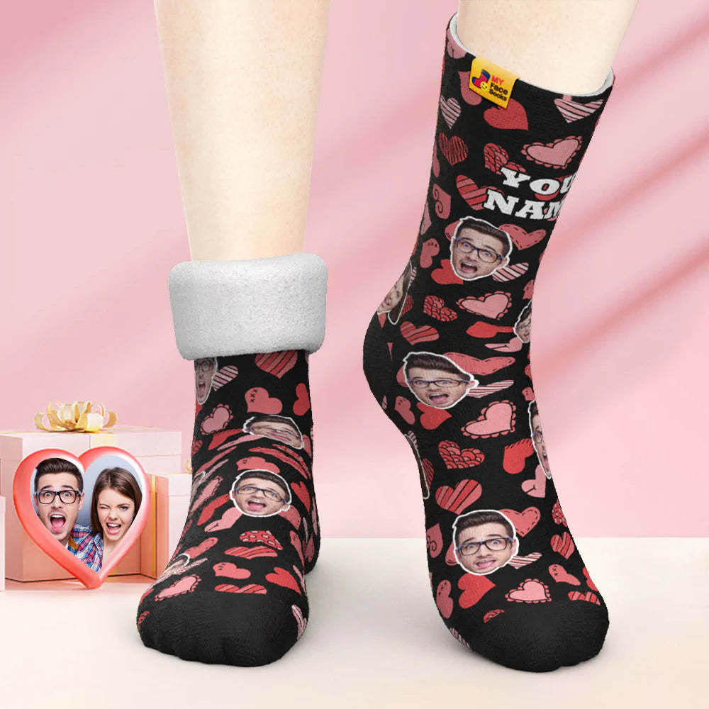 Chaussettes Photo Épaisses Personnalisées Cadeau Saint Valentin Chaussettes Chaudes Chaussettes Visage Divers Coeurs - VisageChaussettes