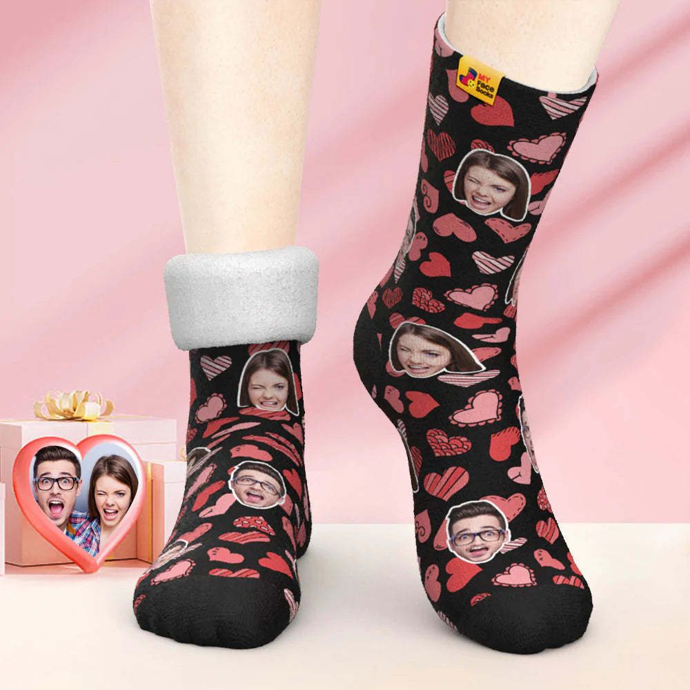 Chaussettes Photo Épaisses Personnalisées Cadeau Saint Valentin Chaussettes Chaudes Chaussettes Visage Divers Coeurs - VisageChaussettes