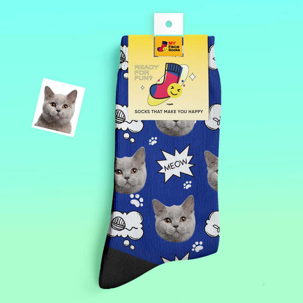 Chaussettes Épaisses Personnalisées Photo Chaussettes Imprimées Numériques 3d Automne Hiver Chaussettes Chaudes Chat Meow - VisageChaussettes