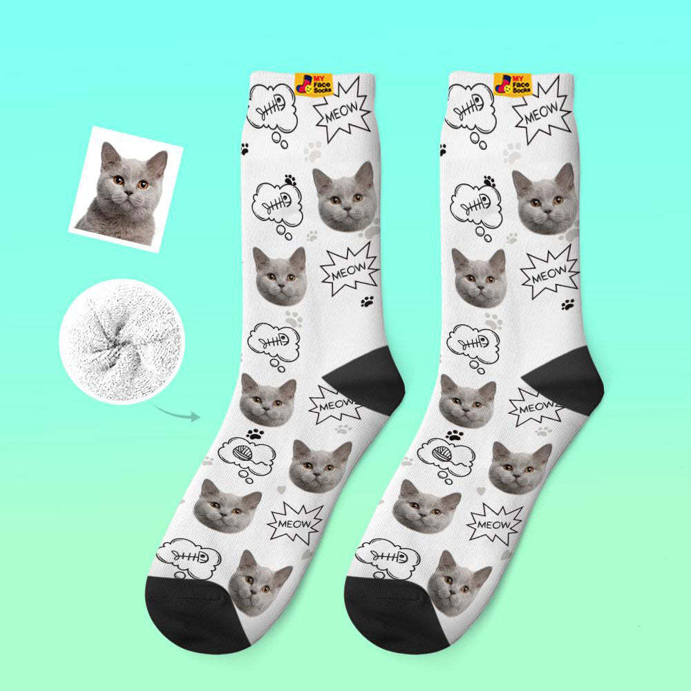 Chaussettes Épaisses Personnalisées Photo Chaussettes Imprimées Numériques 3d Automne Hiver Chaussettes Chaudes Chat Meow - VisageChaussettes