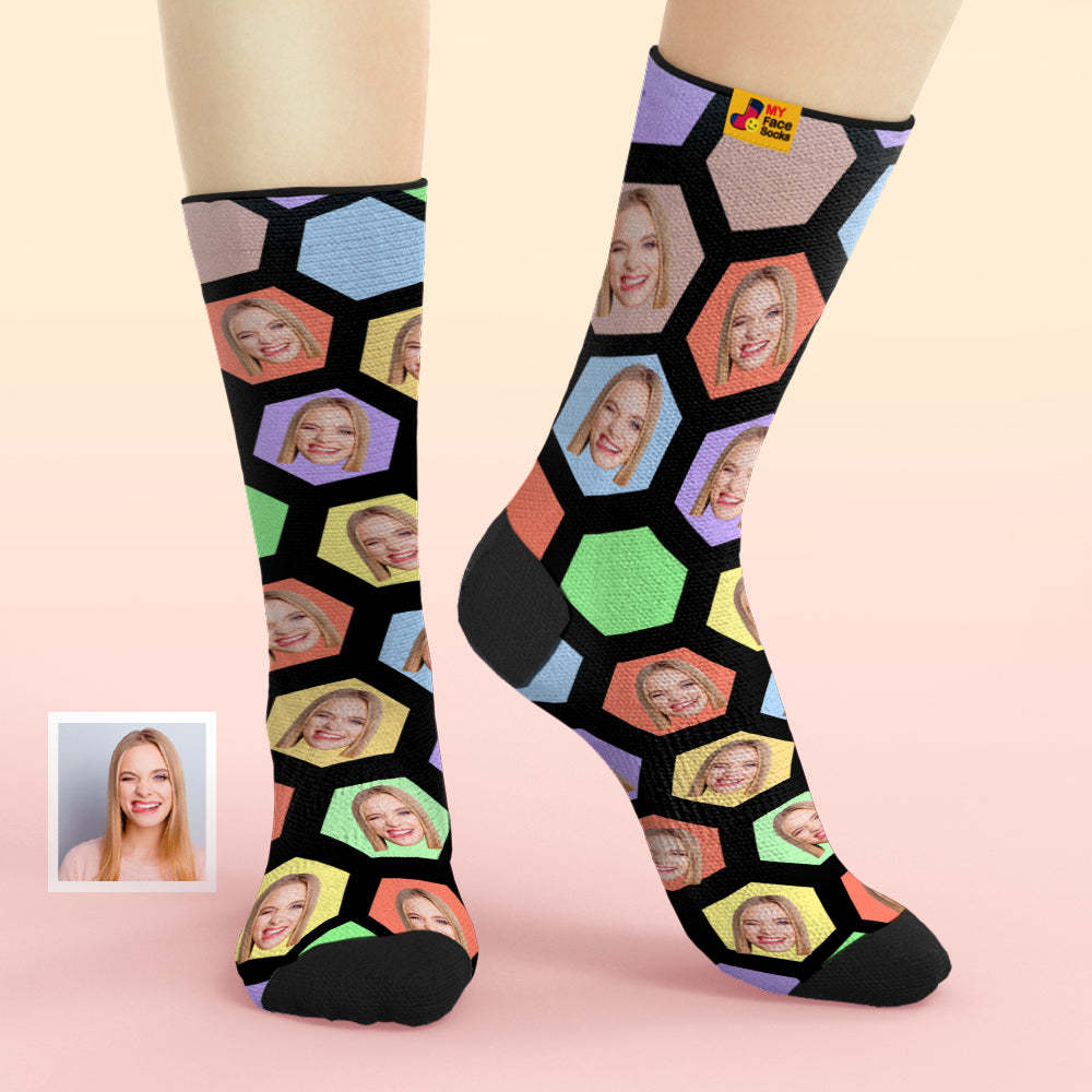 Chaussettes Personnalisées Pour Le Visage Ajoutez Des Images Et Nommez Les Chaussettes Douces Respirantes Hexagon - VisageChaussettes