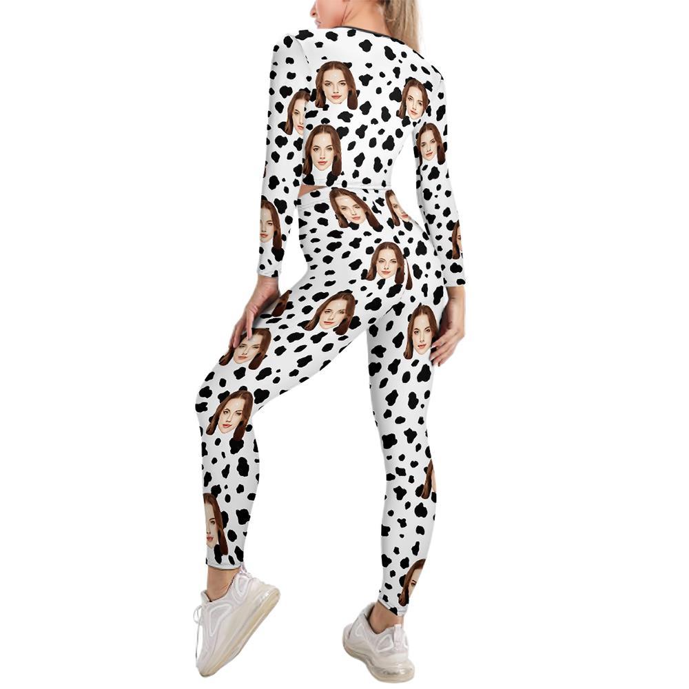 Ensemble De Sweat-shirt À Col En V Pour Femmes Avec Visage Personnalisé Costume Décontracté Extensible - Dalmatien - VisageChaussettes