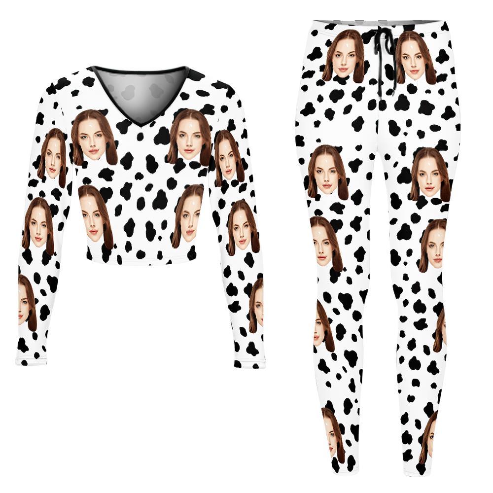 Ensemble De Sweat-shirt À Col En V Pour Femmes Avec Visage Personnalisé Costume Décontracté Extensible - Dalmatien - VisageChaussettes