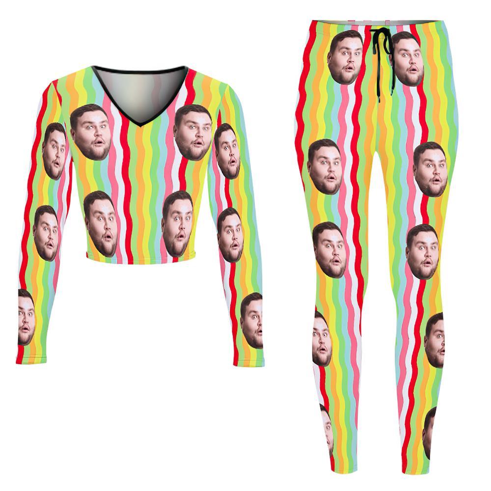 Ensemble De Sweat-shirt À Col En V Pour Femmes Avec Visage Personnalisé Costume Décontracté Extensible - Squiggly Rainbow - VisageChaussettes