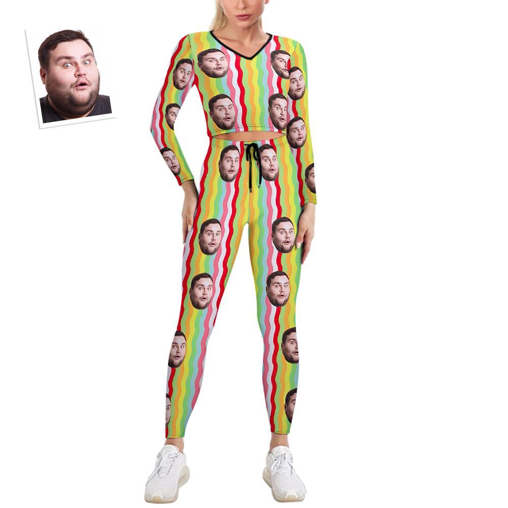 Ensemble De Sweat-shirt À Col En V Pour Femmes Avec Visage Personnalisé Costume Décontracté Extensible - Squiggly Rainbow - VisageChaussettes