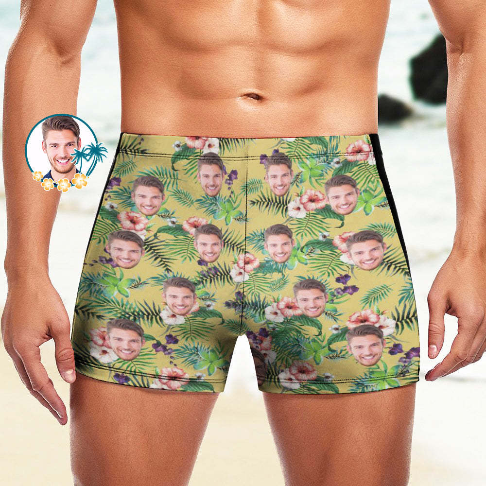 Boxer de bain pour homme personnalisé, maillot de bain visage hawaïen, slip de bain personnalisé - Jaune
