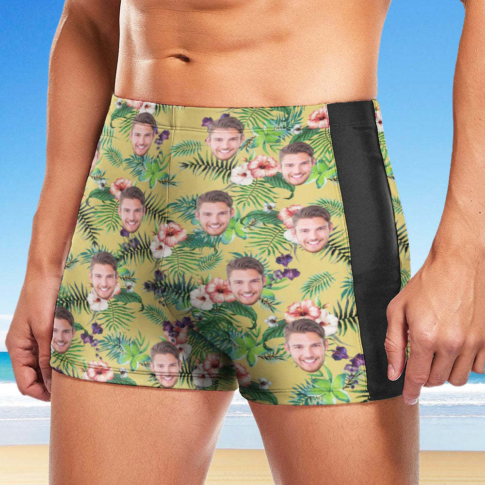 Boxer de bain pour homme personnalisé, maillot de bain visage hawaïen, slip de bain personnalisé - Jaune
