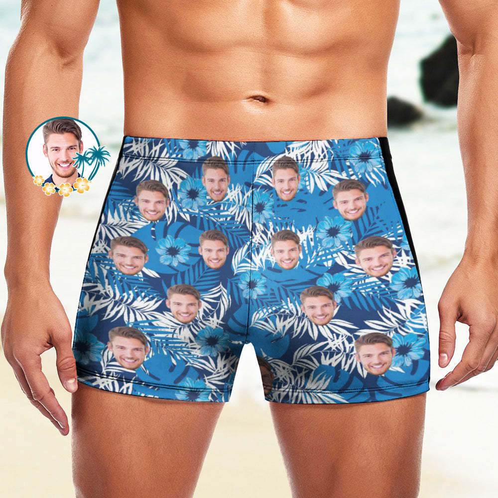 Boxer de bain pour homme personnalisé, maillot de bain visage hawaïen, slip de bain personnalisé - Fleurs et feuilles