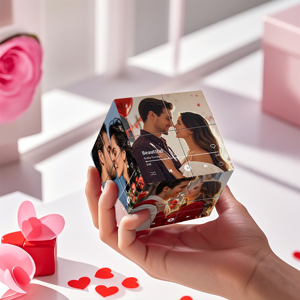 Cube Photo Infini Personnalisé Avec Photo Et Nom De Chanson, Cube Rubik En Bois Pliable, Cadeaux De Saint-valentin Pour Couple - MyFaceSocksFR