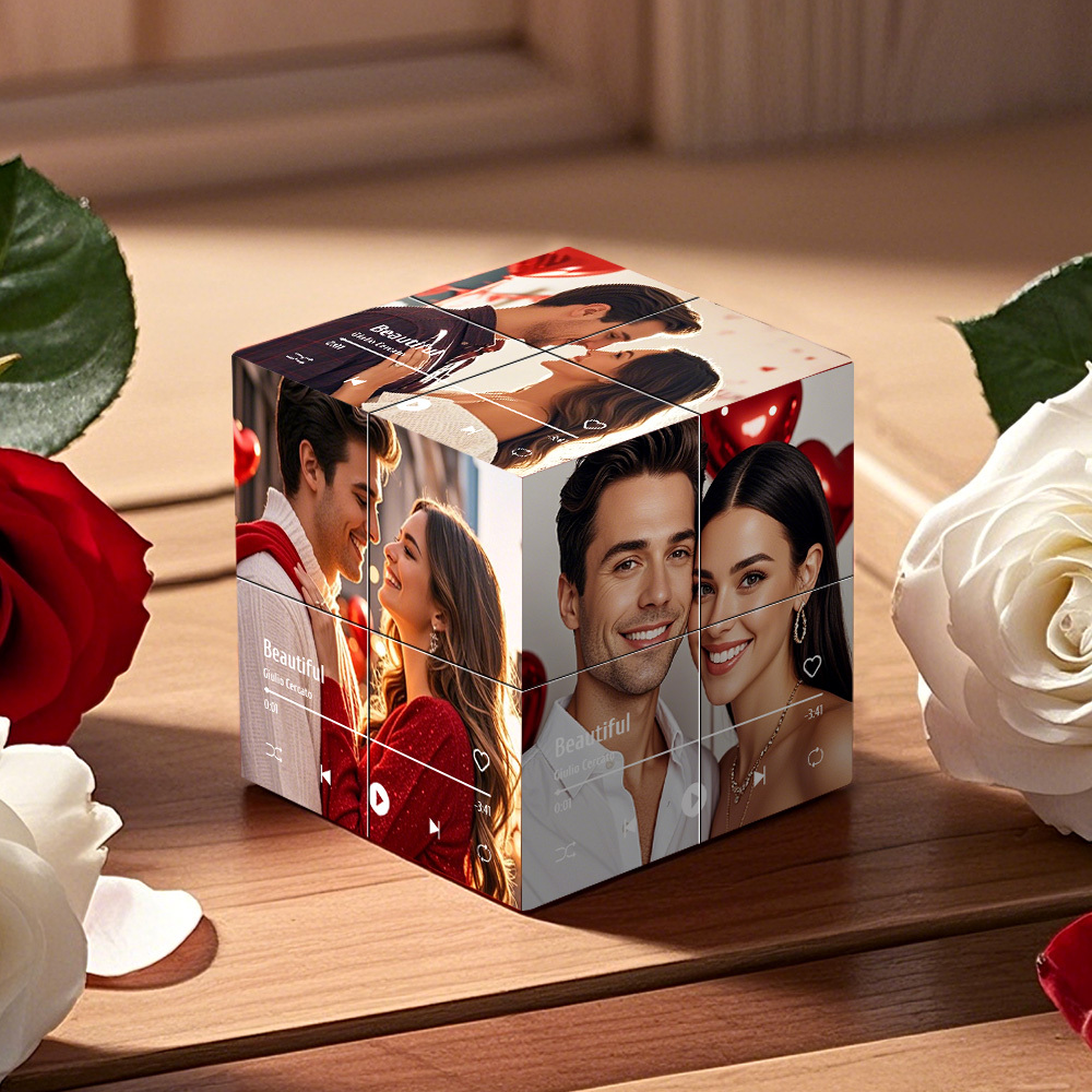 Cube Photo Infini Personnalisé Avec Photo Et Nom De Chanson, Cube Rubik En Bois Pliable, Cadeaux De Saint-valentin Pour Couple - MyFaceSocksFR