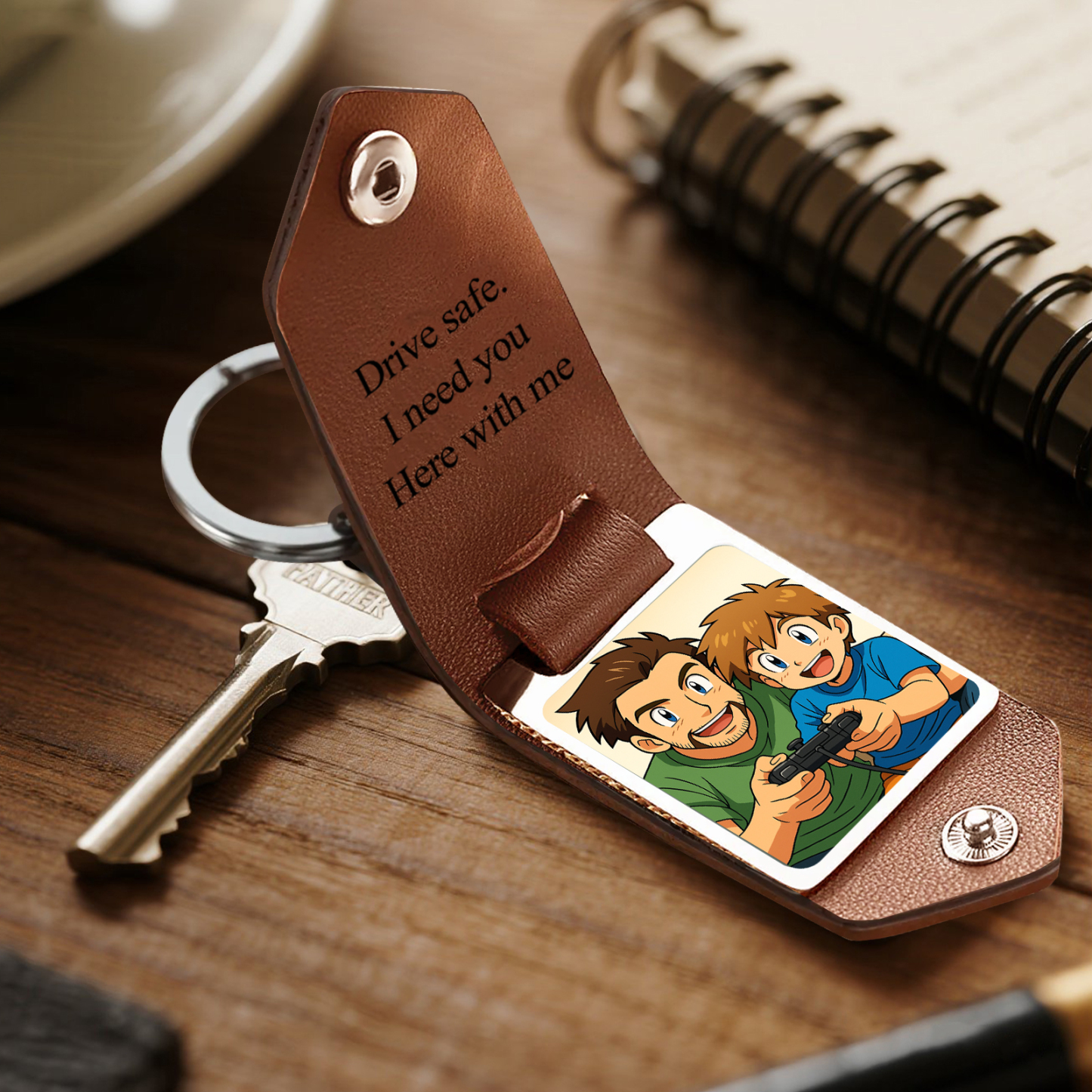 Porte-clés Photo Personnalisé En Cuir Avec Texte Gravé, Porte-clés Commémoratif, Cadeaux Pour La Fête Des Pères - MyFaceSocksFR