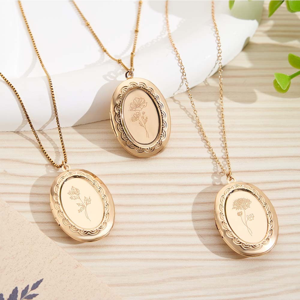 Collier Médaillon De Fleur De Naissance Personnalisé Avec Photo, Bouquet Gravé Personnalisé, Souvenir Commémoratif, Cadeau De Noël, De Saint-valentin - MyFaceSocksFR
