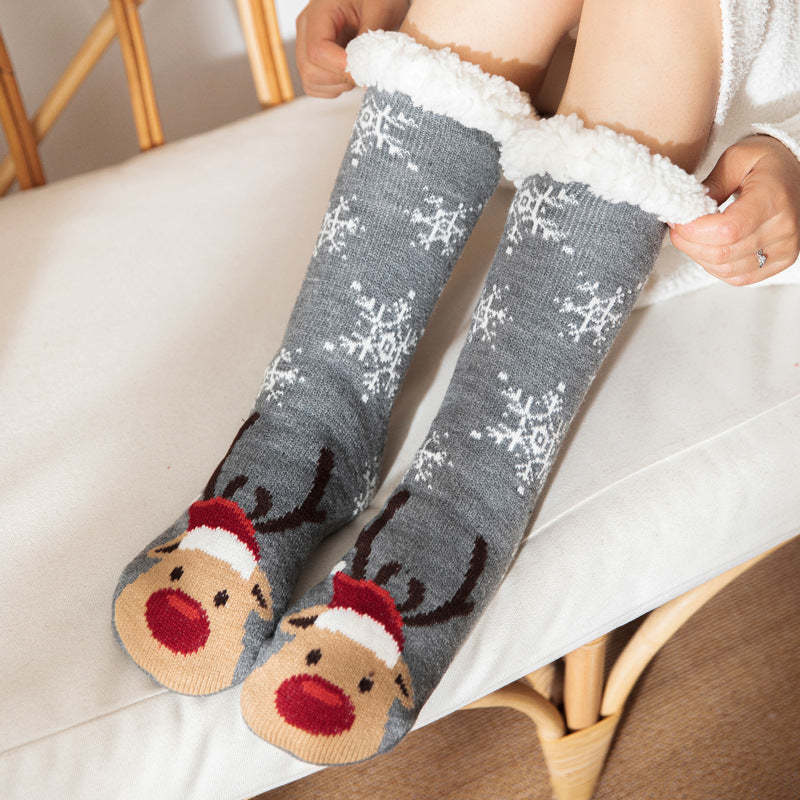 Chaussettes De Noël En Peluche Polaire Corail Pour L'hiver - Chaussettes De Sol Grises - Cerf - VisageChaussettes