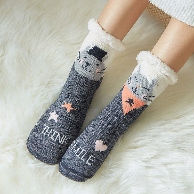 Chaussettes De Noël En Peluche Corail Polaire Chaussettes De Sol D'hiver À La Maison Chaussettes Pantoufles Grises - Chat - VisageChaussettes
