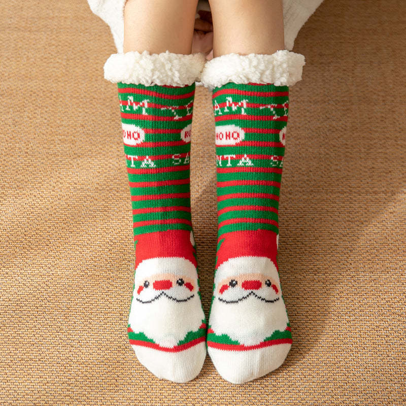 Chaussettes De Noël En Peluche Corail Polaire Chaussettes De Sol À La Maison D'hiver Chaussettes À Rayures Vertes - Père Noël - VisageChaussettes