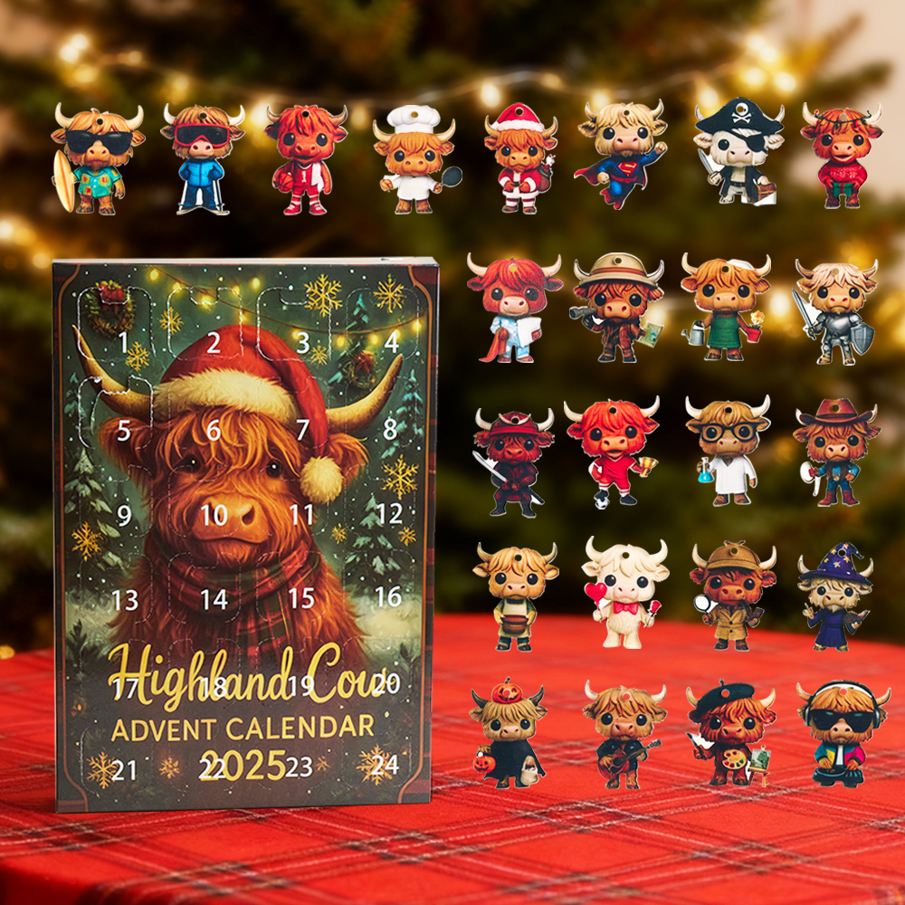 Calendrier De L'avent Vache Des Highlands Écossaises | Boîte Surprise De Noël Avec Compte À Rebours | Décorations 3d Pour Sapin En Acrylique Et Caoutchouc | Cadeau De Noël Pour La Famille Et Les Enfants