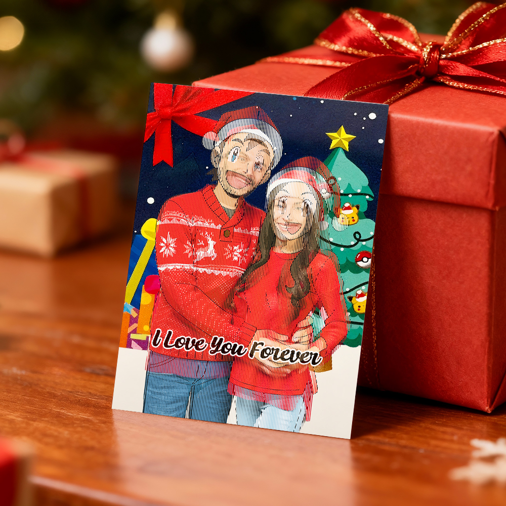 Carte Lenticulaire Personnalisée Avec Photo De Noël Style Anime - Cadeau De Noël Et Carte De Vœux - MyFaceSocksFR