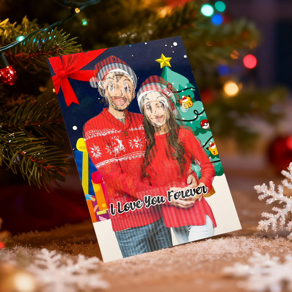 Carte Lenticulaire Personnalisée Avec Photo De Noël Style Anime - Cadeau De Noël Et Carte De Vœux - MyFaceSocksFR