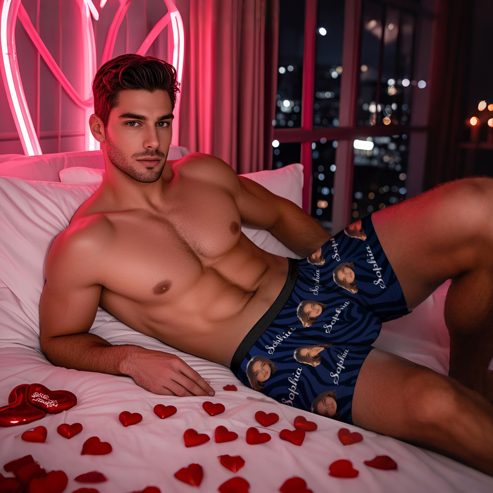 Boxer À Rayures Bleues Avec Visage Et Texte Personnalisés, Visage Pour Hommes, Cadeaux De Saint-valentin - MyFaceSocksFR