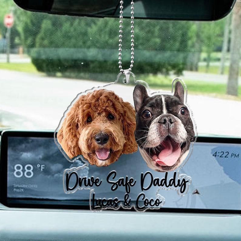 Cadeaux De Fête Des Pères Pour Papa Chien, Décoration De Voiture Personnalisée Avec Photo D'animal À Suspendre, Cadeaux Pour Amoureux Des Chiens, Accessoires De Voiture, Idée Cadeau Personnalisée Pour Papa « conduisez Prudemment » - MyFaceSocksFR