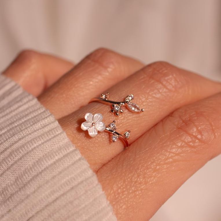 Bague Fleur De Naissance Sakura En Nacre, Ajustable Et Délicate, Personnalisée, Pierre De Naissance, Cadeau Idéal Pour Noël