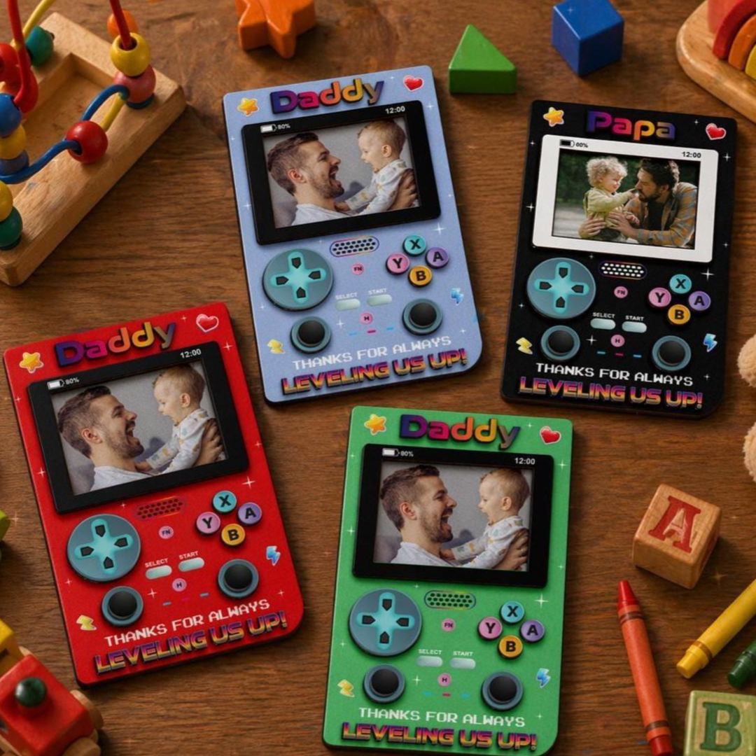 Cadre personnalisé d’aimant photo de joueur de père, cadeau de fête des pères, photo de console de jeu rétro, papa de joueur, décor de salle de jeu de papa, photo de grand-père