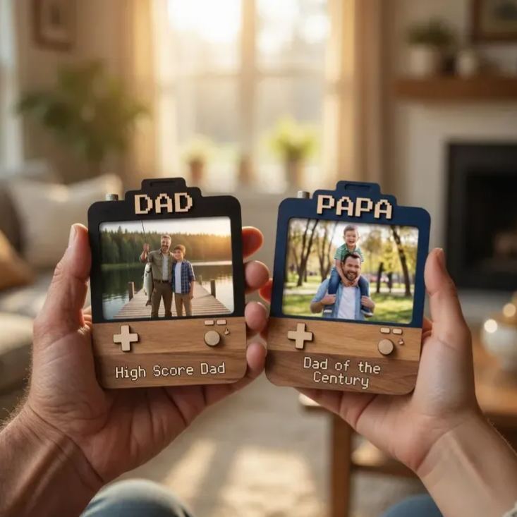 Aimant de cadre de jeu photo personnalisé pour papa, cadeau personnalisé pour la fête des pères, console de jeu rétro, aimant photo 2D, souvenir en bois et en acrylique pour papa, grand-père, papa - MyFaceSocksFR