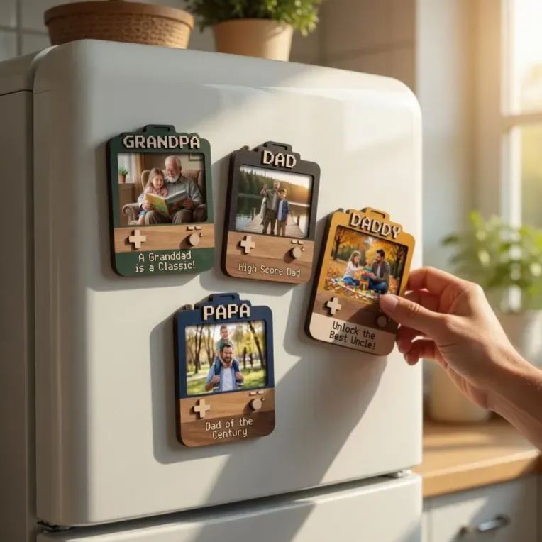 Aimant de cadre de jeu photo personnalisé pour papa, cadeau personnalisé pour la fête des pères, console de jeu rétro, aimant photo 2D, souvenir en bois et en acrylique pour papa, grand-père, papa - MyFaceSocksFR