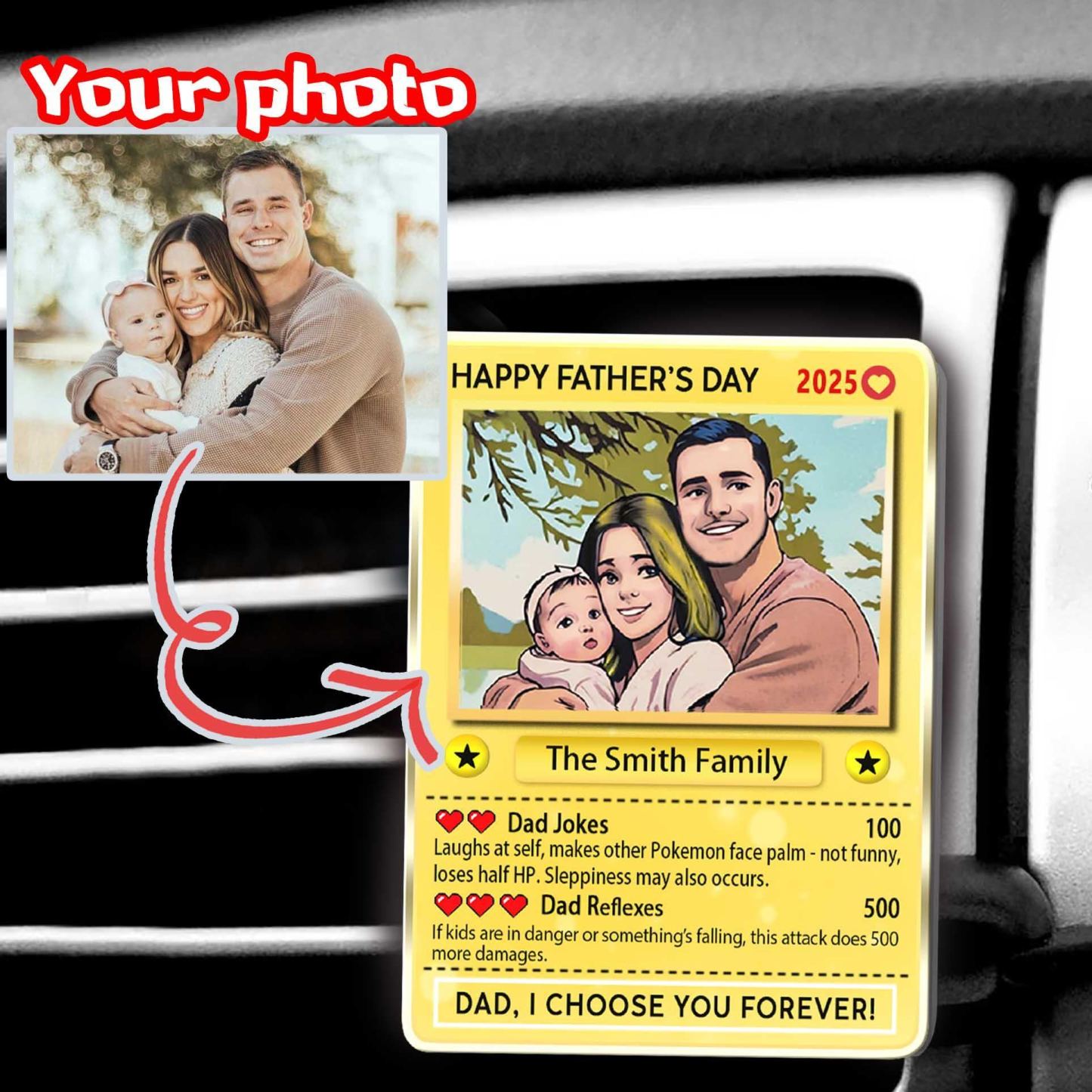 Cadeau personnalisé pour la fête des pères : clip pour visière de voiture avec photo (style carte à collectionner anime) cadeaux pour les papas joueurs - MyFaceSocksFR