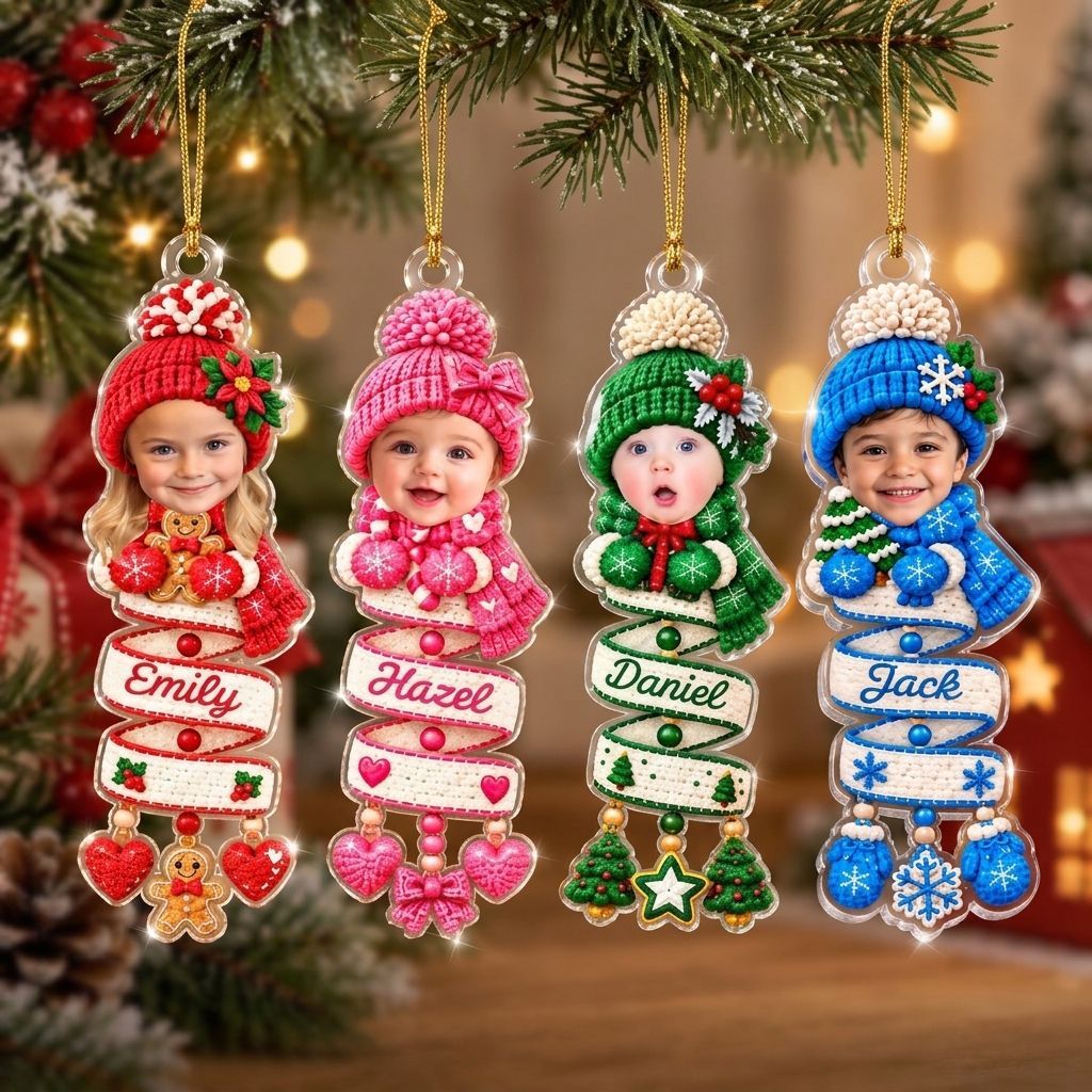 Ornement En Spirale Photo Personnalisé Pour Arbre De Noël - Nom Personnalisé Et Cadeau Photo D'enfant Pour La Décoration De Vacances En Famille - MyFaceSocksFR