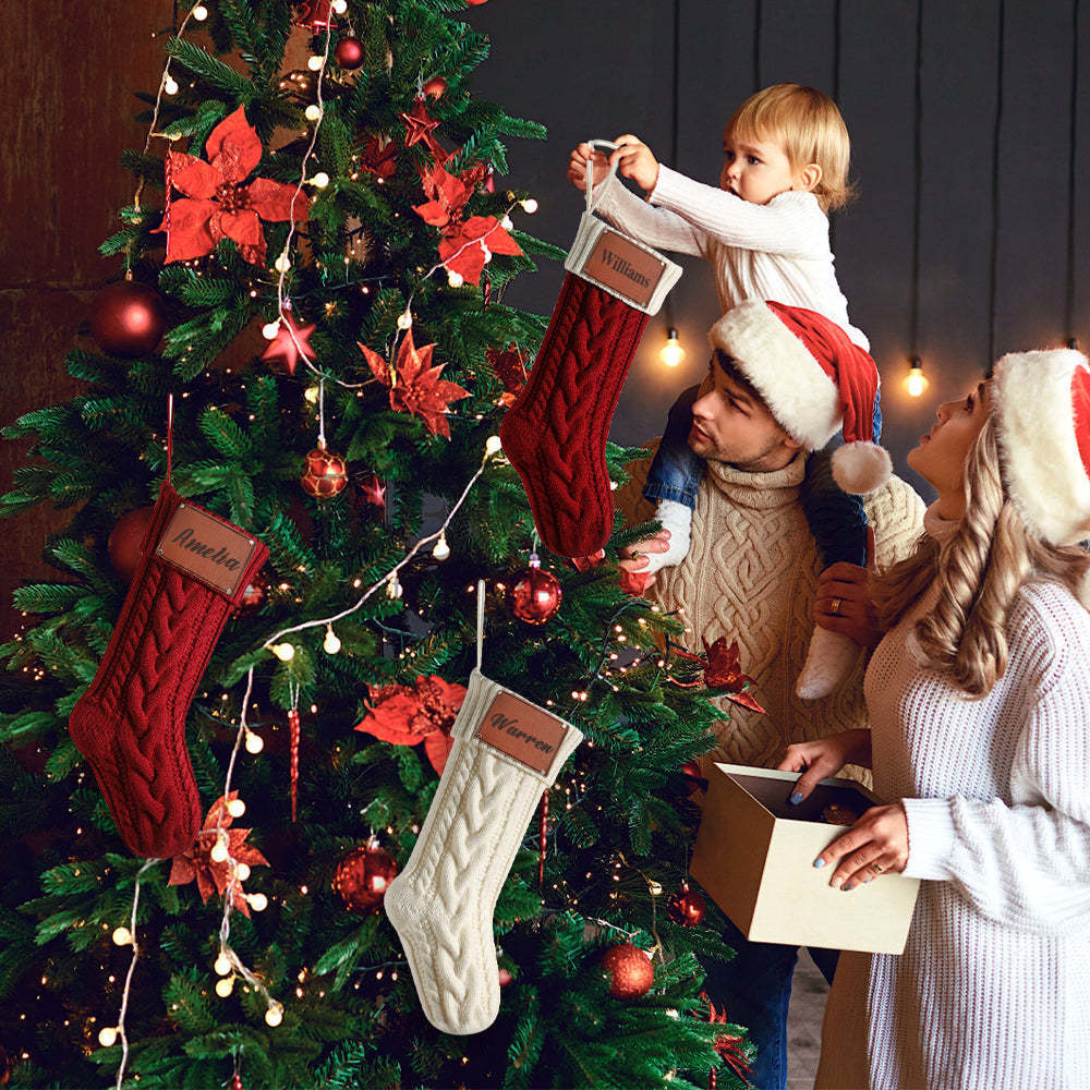 Personalisierter Weihnachtsstrumpf Mit Namen, Lederaufnäher, Gestrickte Weihnachtsstrümpfe, Dekoration - 