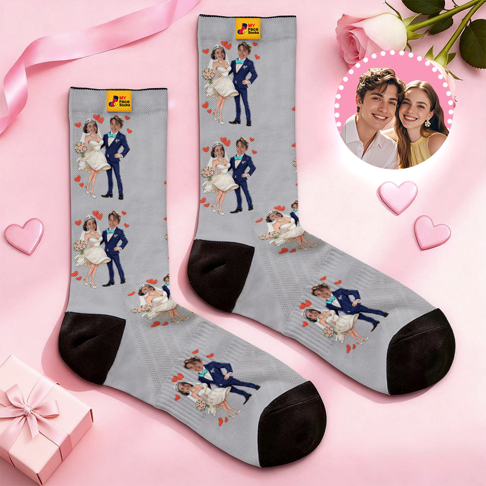 Personalisierte Socken Mit Schwarzem Gesicht Im Hochzeitsmotiv, Namenszügen Des Paares Und Foto – Ein Süßes Geschenk Für Paare Zum Valentinstag - MyFaceSocksDE