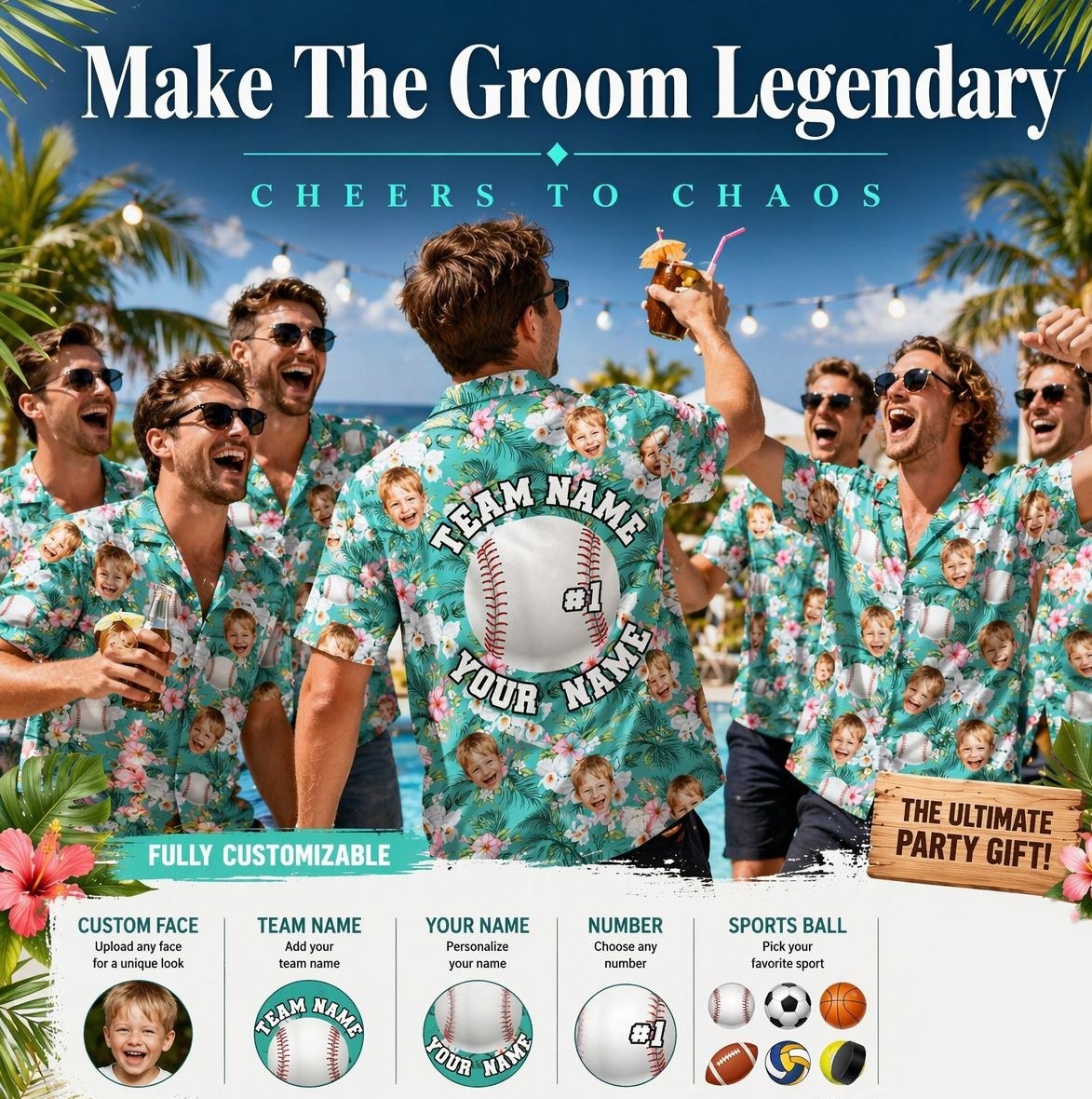 Benutzerdefiniertes Sportball- Und Gesichts-Hawaii-Shirt: Personalisierte Baseball-Tropen-Shirts, Individuelles Hawaii-Trikot - MyFaceSocksDE