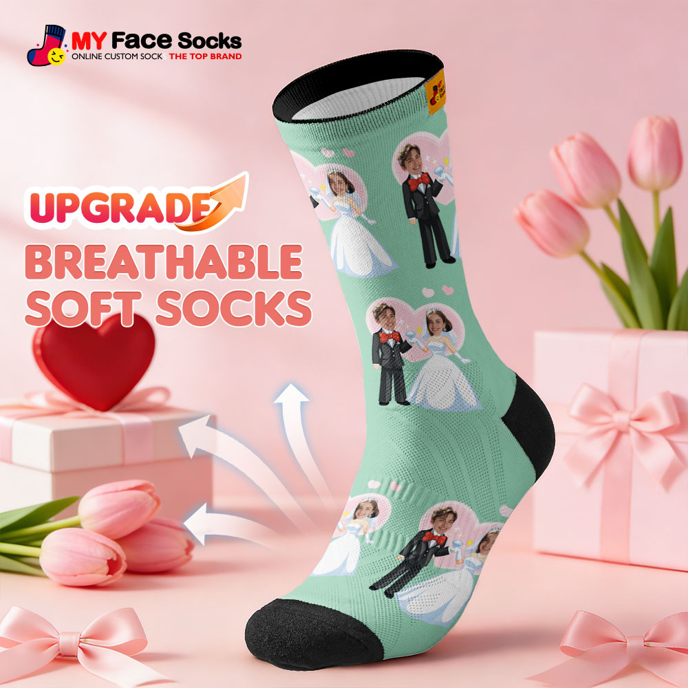 Personalisierte Socken Mit Schwarzem Gesicht Im Hochzeitsmotiv, Namenszügen Des Paares Und Foto – Ein Süßes Geschenk Für Paare Zum Valentinstag - MyFaceSocksDE