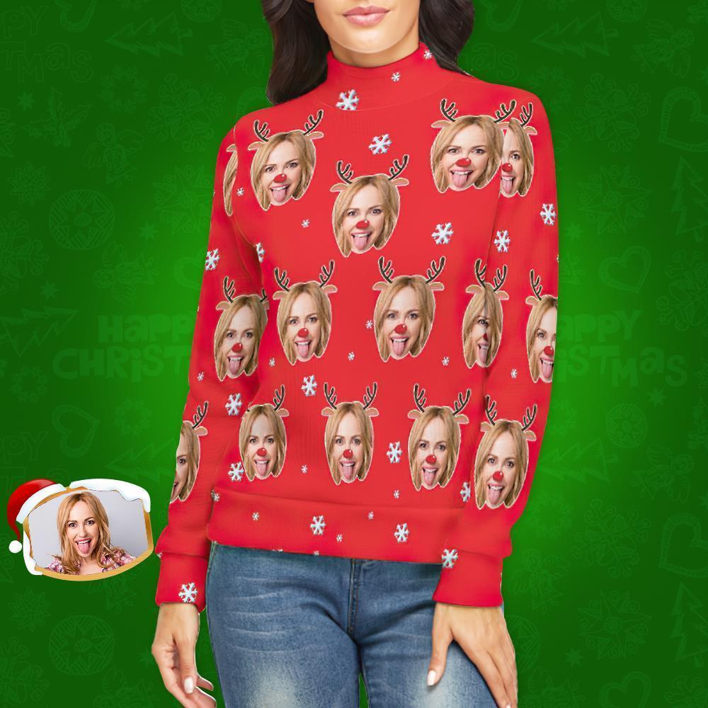Benutzerdefiniertes Gesicht lRollkragenpullover für Damen Weihnachtspullover Gestrickte lose Pullover - Rentier