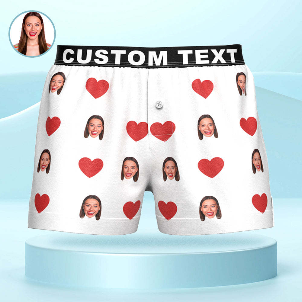 Custom Face Red Heart Design Boxershorts Mit Personalisiertem Text Auf Dem Bund. Personalisierte Unterwäsche Für Ihn - GesichtSocken