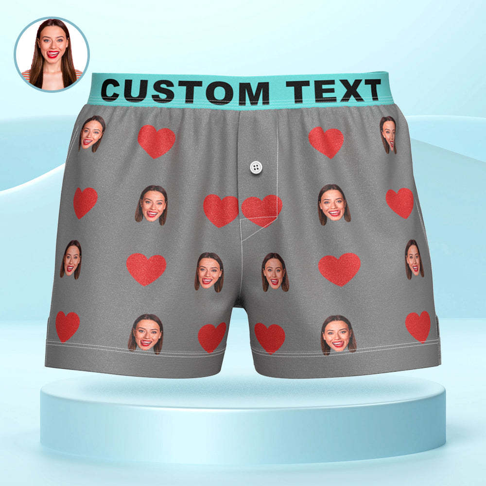 Custom Face Red Heart Design Boxershorts Mit Personalisiertem Text Auf Dem Bund. Personalisierte Unterwäsche Für Ihn - GesichtSocken