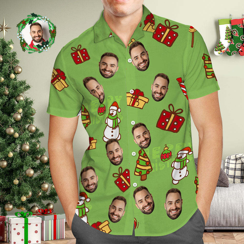 Benutzerdefiniertes Gesicht Hawaiihemd, Personalisiertes Foto, Grüne Hawaiihemden, Schneemann Und Weihnachtsgeschenk Für Ihn - GesichtSocken