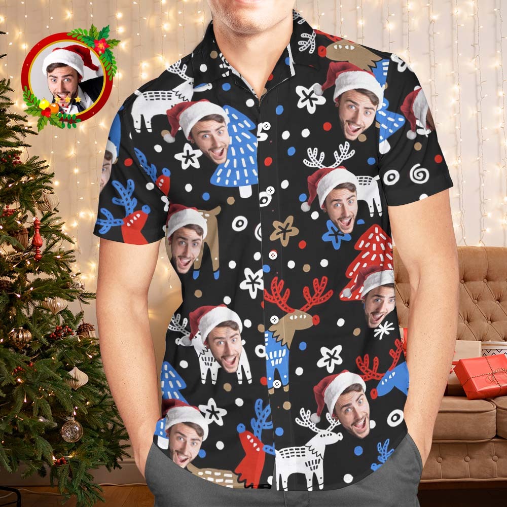 Benutzerdefinierte Gesichts-hawaii-hemden, Personalisiertes Foto-geschenk, Herren-weihnachtshemden, Weihnachts-rentier - GesichtSocken
