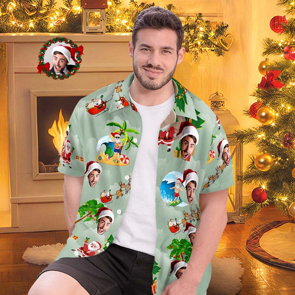 Hawaiihemden Mit Individuellem Gesicht, Personalisiertes Fotogeschenk, Weihnachtshemden Für Herren, Surfurlaub, Weihnachtsmann - GesichtSocken