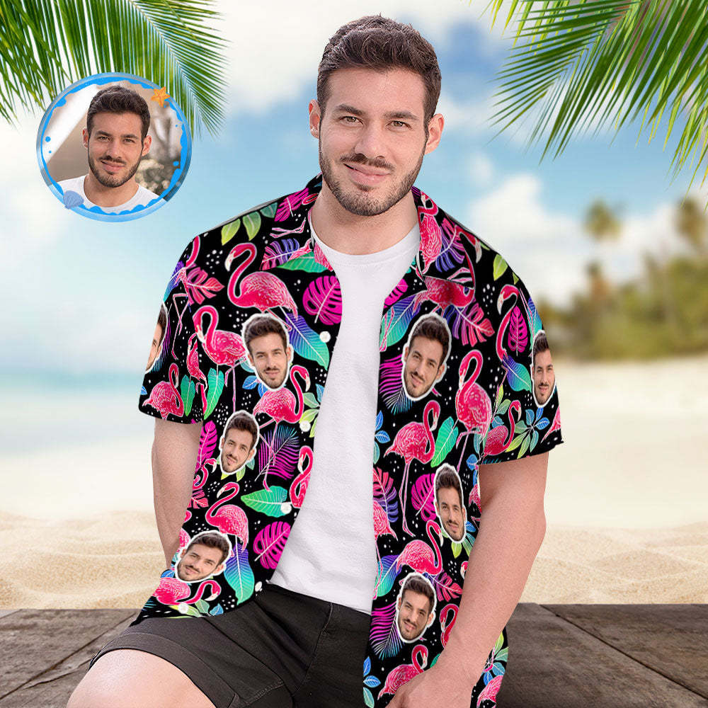 Benutzerdefiniertes Gesicht Hawaiihemd All Over Print Personalisiertes Schwarzes Hemd – Flamingo - GesichtSocken