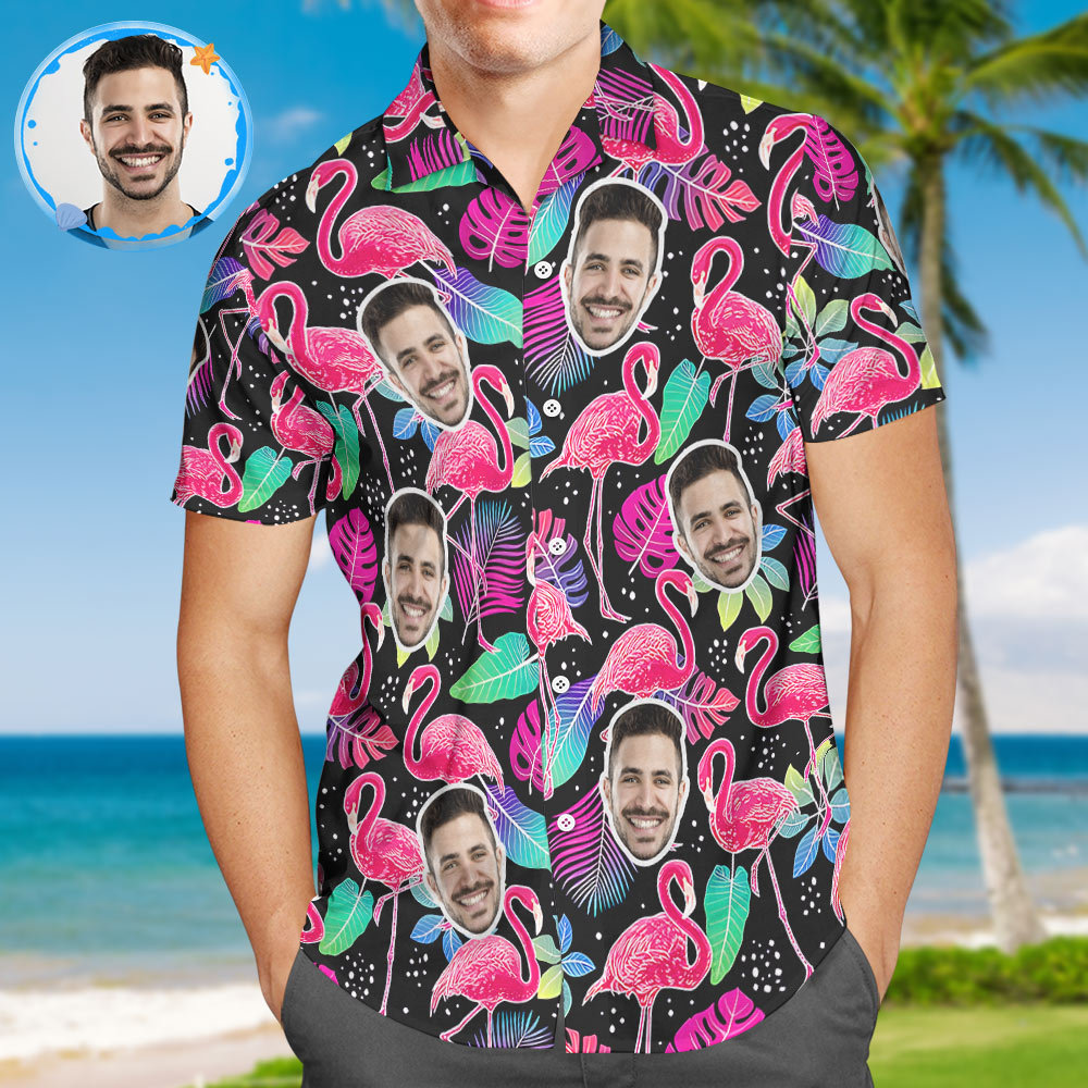 Benutzerdefiniertes Gesicht Hawaiihemd All Over Print Personalisiertes Schwarzes Hemd – Flamingo - GesichtSocken