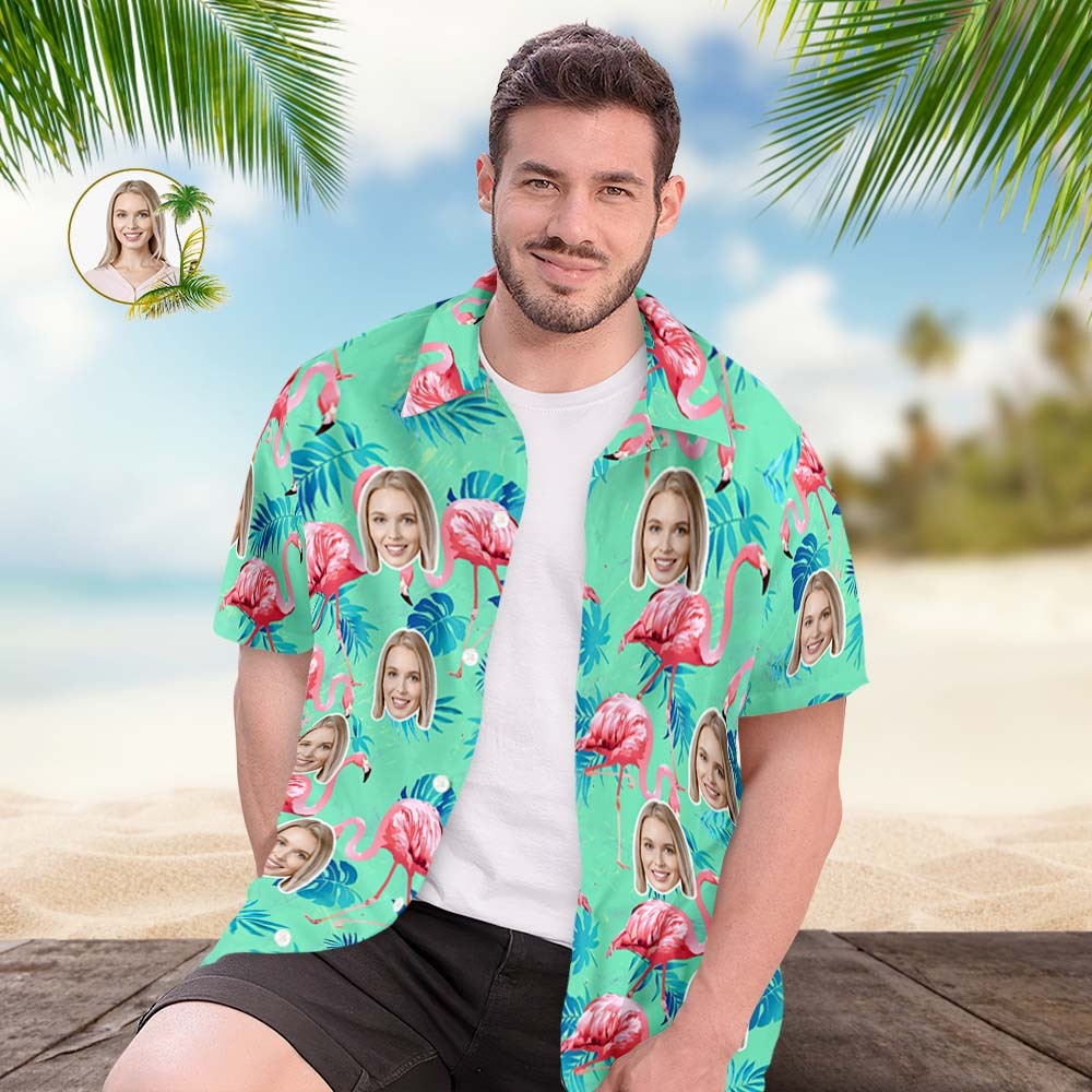 Hawaiihemd Mit Individuellem Gesicht, Flamingo-tropenhemd, Paar-outfit, Komplett Bedruckt Mit Grün Und Palmblättern - GesichtSocken