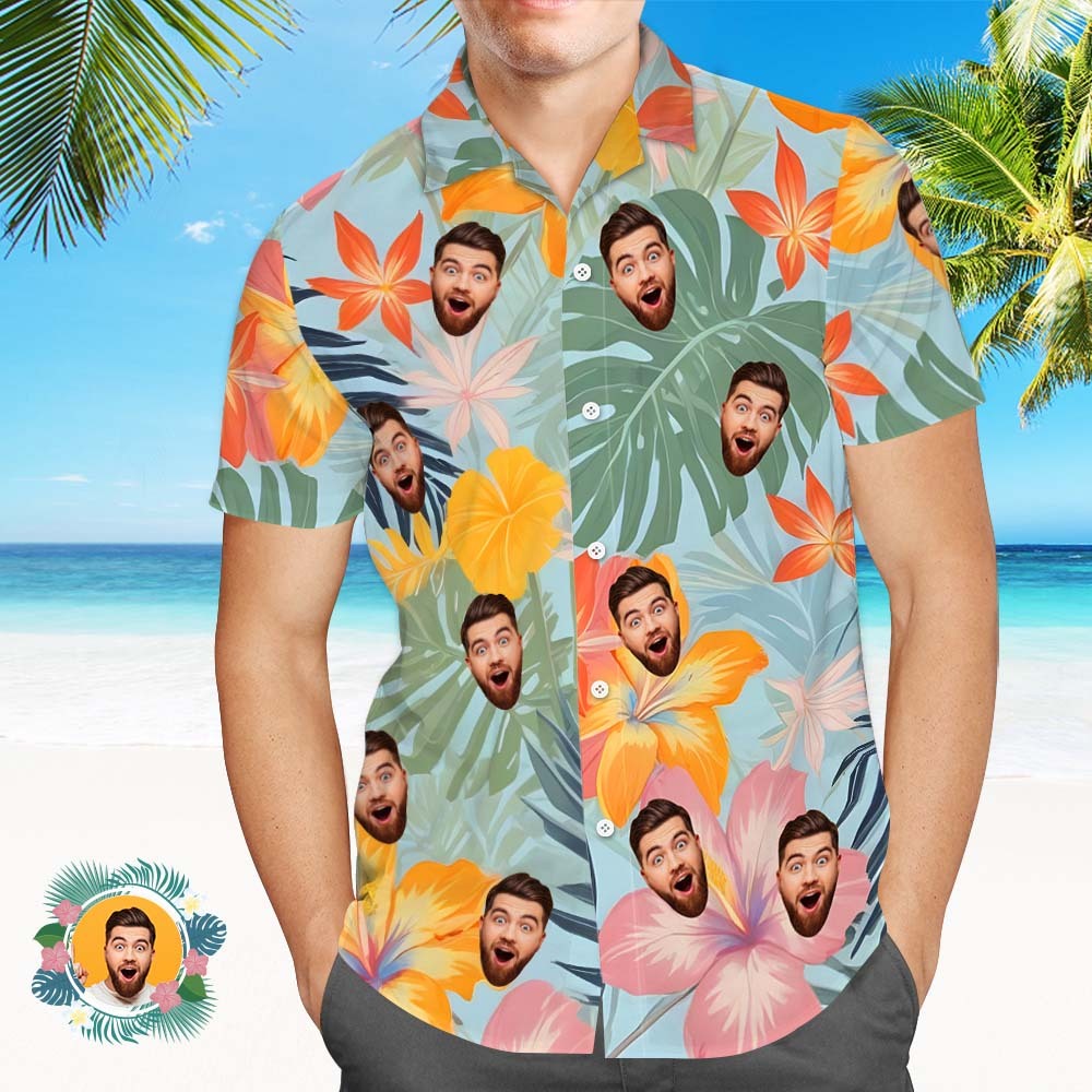 Hawaii-hemden Mit Individuellem Gesicht, Bunte Blumen Und Blätter, Hawaii-hemd Mit Gesicht - MyFaceSocksDE