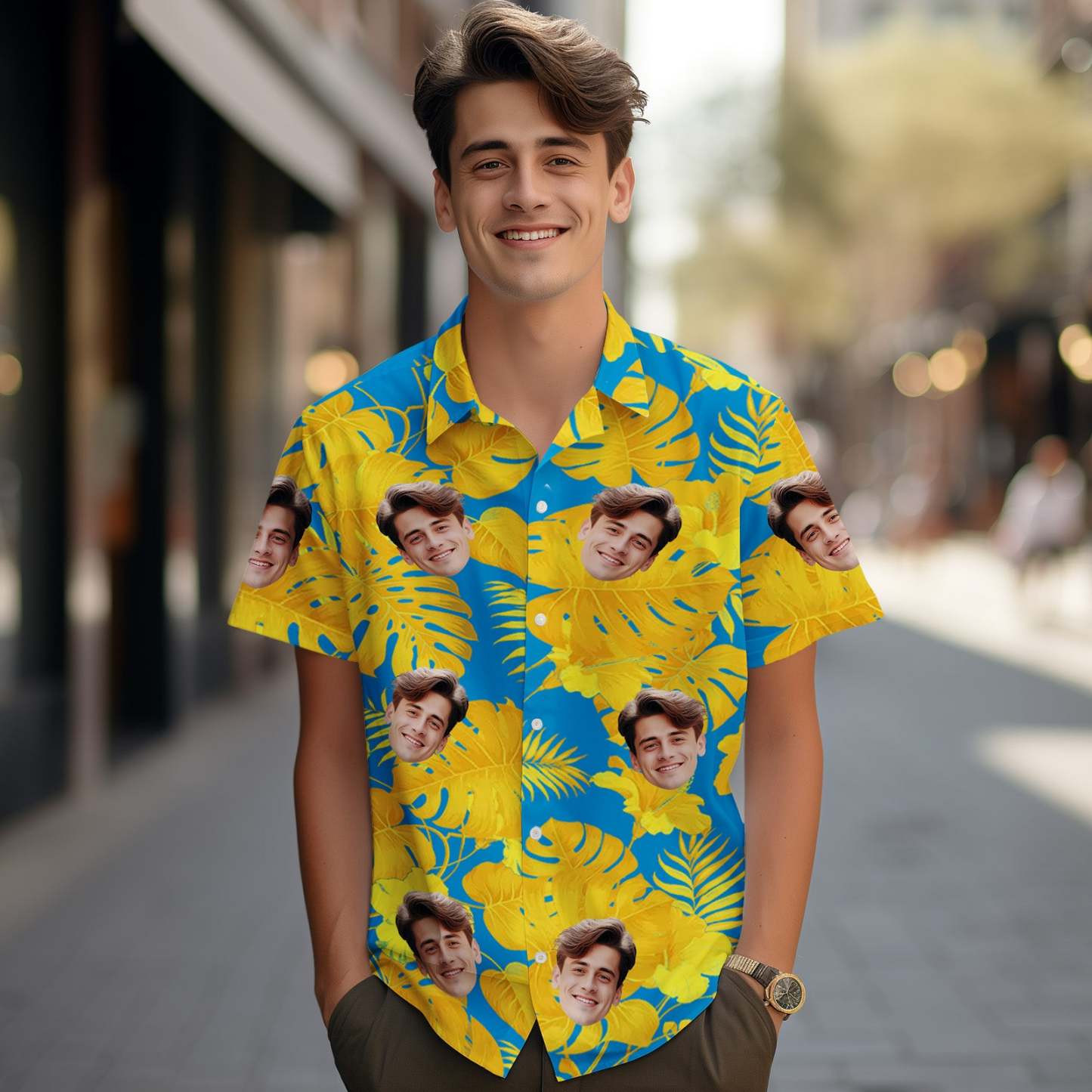 Benutzerdefinierte Gesichts-hawaii-hemden. Tropische Gelbe Ärmel Und Blumen-gesichts-blaues Hawaii-hemd - MyFaceSocksDE