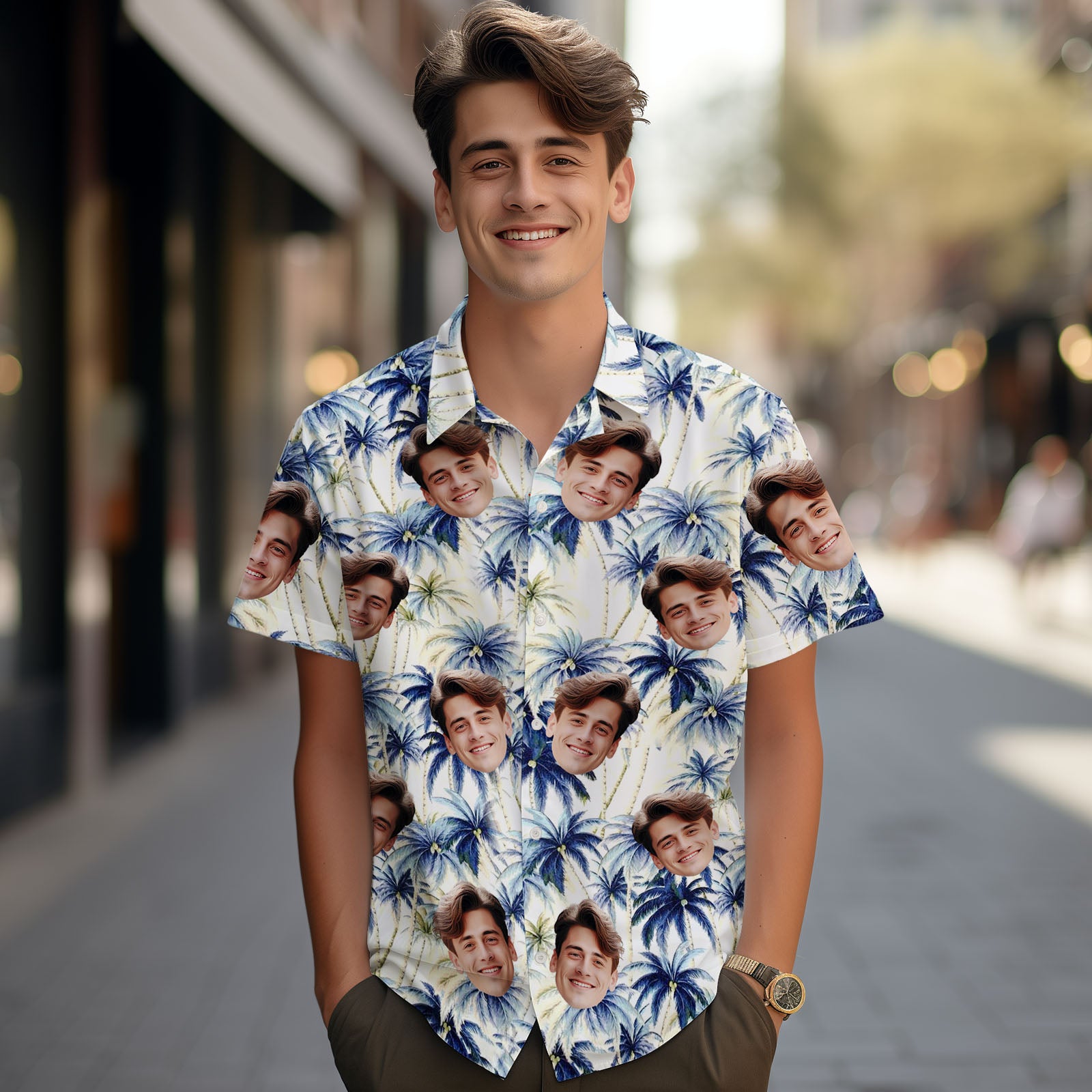 Hawaii-hemd Mit Individuellem Gesicht. Dunkelblaues Hawaii-hemd Mit Kokosnussbaum-gesicht